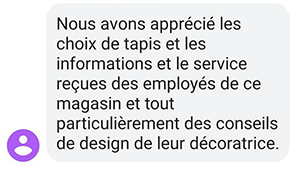 Témoignage cinq étoiles d'un client heureux avec son achat de tapis et le service reçu.